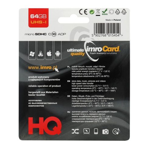 IMRO memóriakártya microSD 64GB 100MB/s Class 10 UHS I adapterrel SD