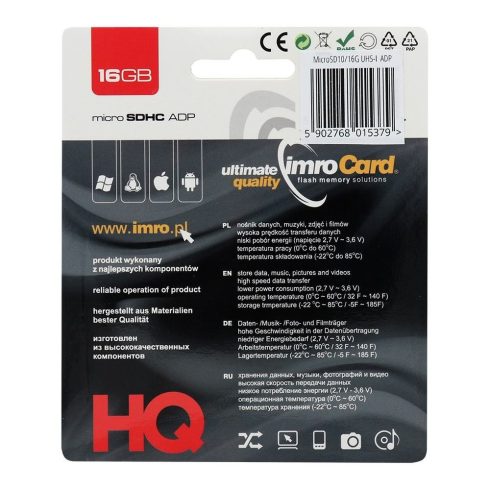 IMRO memóriakártya microSD 16GB 100MB/s Class 10 UHS I adapterrel SD