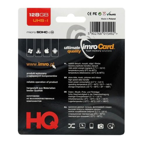 IMRO memóriakártya microSD 128GB 100MB/s class10 UHS I adapterrel SD