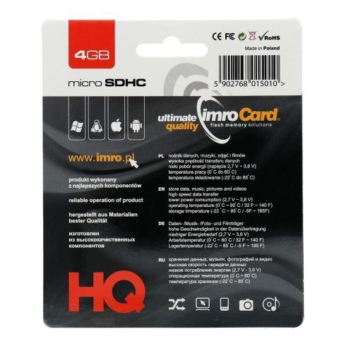 IMRO memóriakártya microSD 4GB 100MB/s Class 10 UHS I adapterrel SD