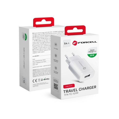 FORCELL F-ENERGY TFK-TC-1099 utazási töltő USB A QC3.0 2,4A 18W fehér