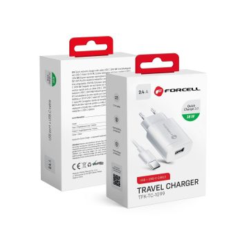   FORCELL F-ENERGY TFK-TC-1099 utazási töltő USB A + kábel USB A Type C QC3.0 2,4A 18W fehér