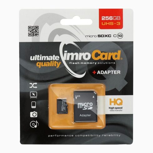 IMRO memóriakártya microSD 256GB 100MB/s Class 10 UHS 3 adapterrel SD