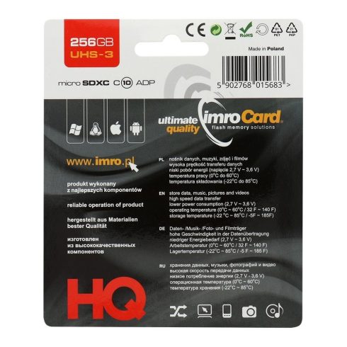 IMRO memóriakártya microSD 256GB 100MB/s Class 10 UHS 3 adapterrel SD