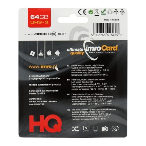 IMRO memóriakártya microSD 64GB 100MB/s Class 10 UHS 3 adapterrel SD