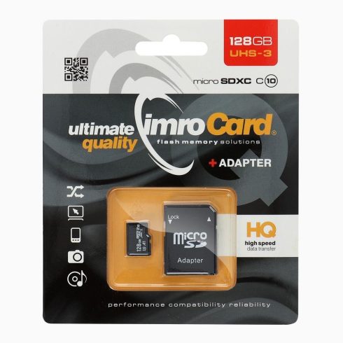 IMRO memóriakártya microSD 128GB 100MB/s class10 UHS 3 4K adapterrel SD