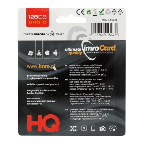IMRO memóriakártya microSD 128GB 100MB/s class10 UHS 3 4K adapterrel SD