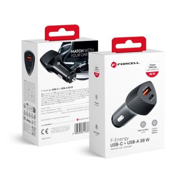   FORCELL F-ENERGY Carbon CC50-1A1C autós töltő Type C + USB A PD QC3.0 3A 38W fekete