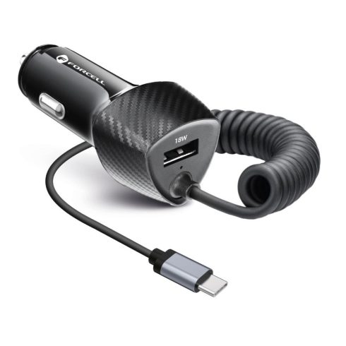 Autós töltő Forcell F-Energy Carbon USB A QC3.0 PD 3A 38W kábellel USB C CC50-1AC fekete