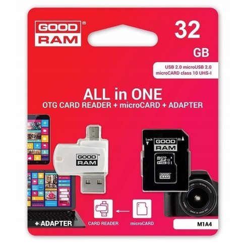 GOODRAM kártyaolvasó USB A + Micro USB ALL IN ONE M1A4 + memóriakártya micro SD 32GB SD adapterrel