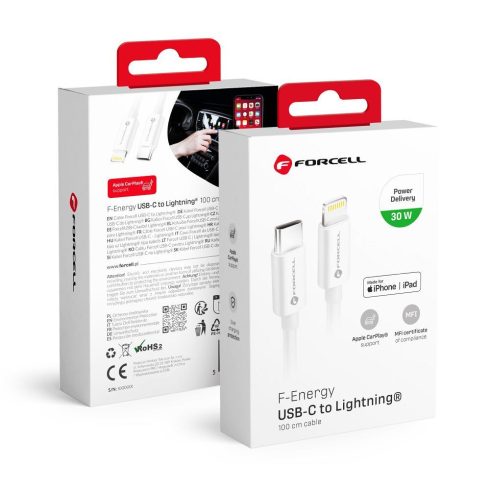 FORCELL F-ENERGY C901 C típusú kábel Lightning MFi PD 3A 30W 1 m fehér