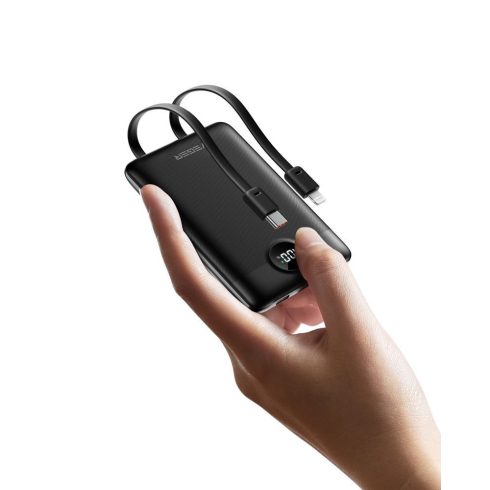 VEGER powerbank 10000 mAh beépített kábelekkel Type C / Lightning PD QC3.0 2A 22,5W C11 (W1170) fekete