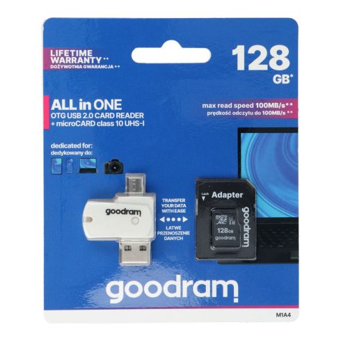 GOODRAM kártyaolvasó USB A + Micro USB ALL IN ONE M1A4 + memóriakártya micro SD 128GB SD adapterrel
