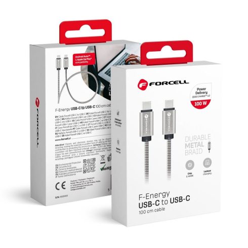 Kábel USB C – USB C Forcell F-Energy QC4.0 PD 5A 100W E-Mark Metal 1 m C239 ezüst