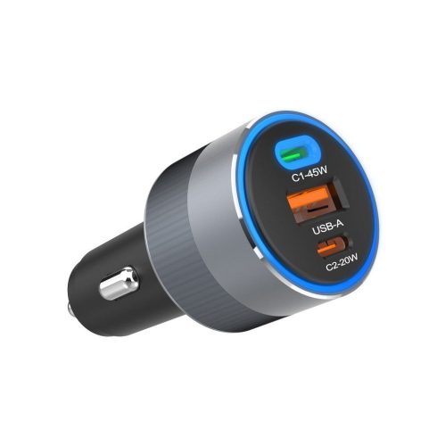 FORCELL F-ENERGY Alu autós töltő 2 x Type C + USB A PD QC4.0 SFC 2.0 4,5A 65W szürke
