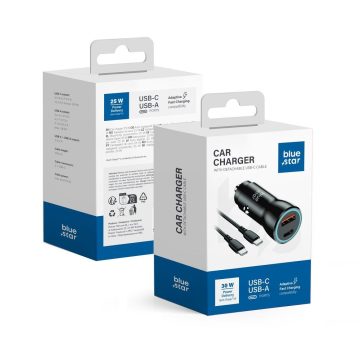   Autós töltő Blue Star USB C + USB A QC3.0 PD AFC PPS 3A 30W + kábel USB C - USB C fekete