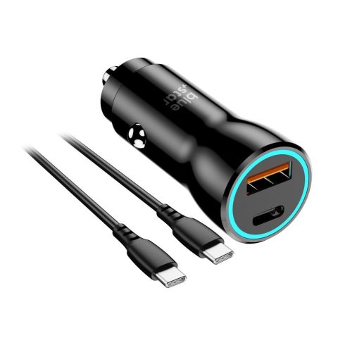 Autós töltő Blue Star USB C + USB A QC3.0 PD AFC PPS 3A 30W + kábel USB C - USB C fekete