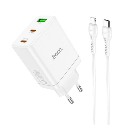 Telefontöltő Hoco 2 x USB C + USB A QC3.0 PD 3A 35W + USB C kábel Lightning N33 fehér