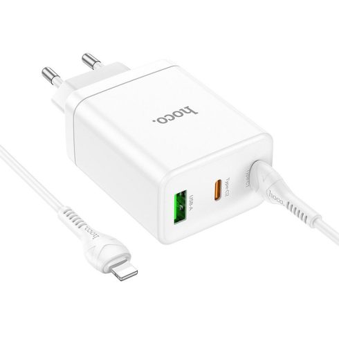 Telefontöltő Hoco 2 x USB C + USB A QC3.0 PD 3A 35W + USB C kábel Lightning N33 fehér