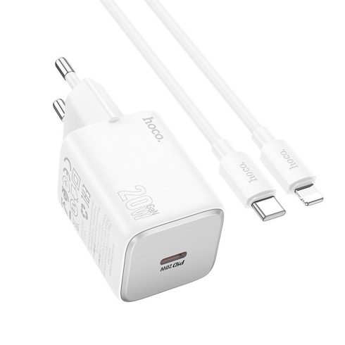 Telefontöltő Hoco USB C QC PD 20W + USB C kábel Lightning N40 fehérhez