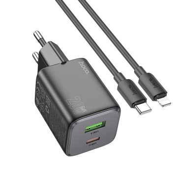   Telefon töltő USB A + USB C QC PD 3A 20W + USB C kábel Lightning N41 fekete