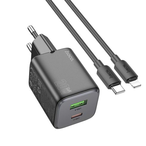 Telefon töltő USB A + USB C QC PD 3A 20W + USB C kábel Lightning N41 fekete