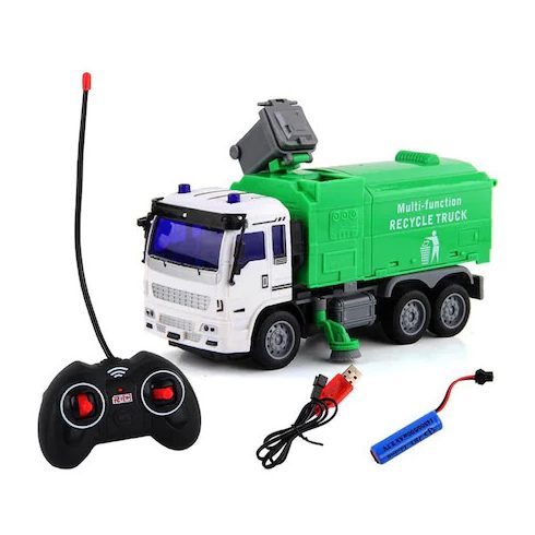 Távirányítós, Világító Utcaseprő Kukásautó - Lítium Akkus kukával, dönthető és nyitható platóval Kukás Autó