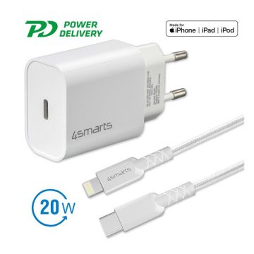   4smarts hálózati gyorstöltő adapter USB-C QC 3.0 + 1.5m Lightning kábel, MFi tanúsítvánnyal, 20W, fehér