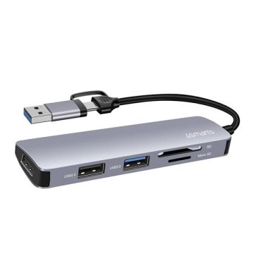   4smarts USB-A/USB-C Hub, 5-in-1, 2XUSB-A 2.0, 1XUSB-A 3.0, kártyaolvasó