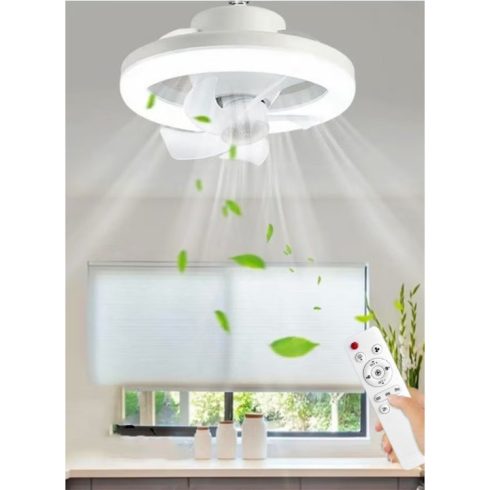 E27 mennyezeti ventilátor LED lámpával, WALALLA, dugaszolható ventilátor, távirányítóval, 360°-ban forgatható LED, 3 színhőmérséklet, 85-265V, 48W, Fehér