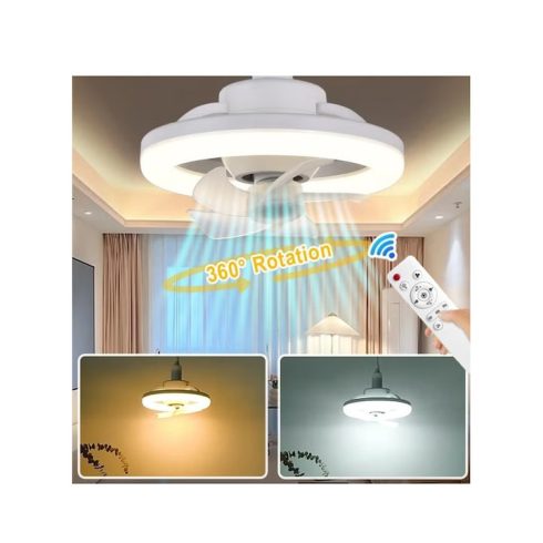 E27 mennyezeti ventilátor LED lámpával, WALALLA, dugaszolható ventilátor, távirányítóval, 360°-ban forgatható LED, 3 színhőmérséklet, 85-265V, 48W, Fehér