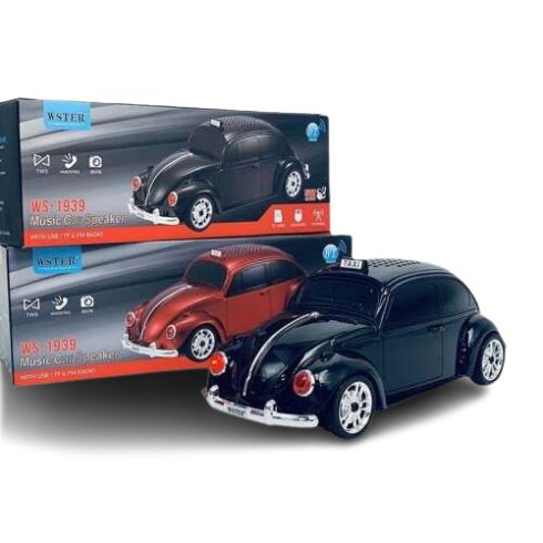 Volkswagen Bogár alakú világító bluetooth hangszóró és rádió – zenélő retro taxi működő fényszórókkal és guruló kerekekkel – 23 cm