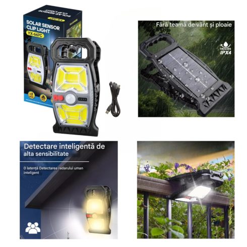 Solar LED Mozgásérzékelős Csipesz Napelem Lámpa – YX-667C, Napelemes és USB Type-C töltéssel, IP65