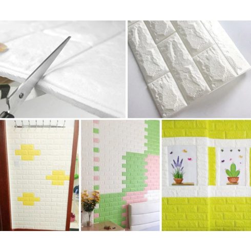 20 Darab Öntapadós 3D tégla hatású dekor falmatrica, tapéta fehér színben 70x77x0,6 cm