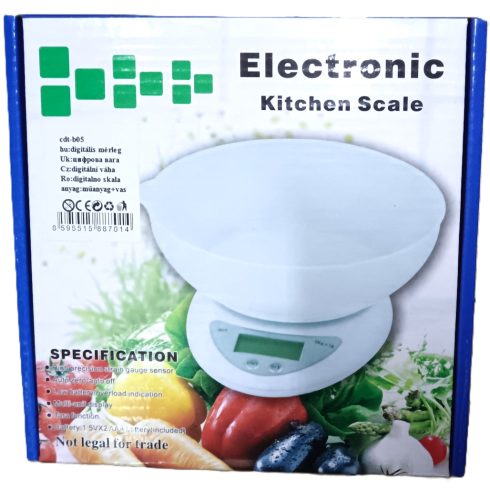 Digitális konyhai mérleg tállal 1xCR2032 Fehér tálas konyhai mérleg 5 kg-ig