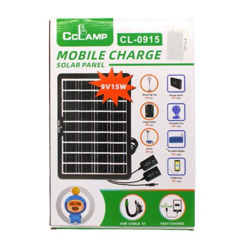 Cclamp CL-0915 Napelemes Gyorstöltő 2 Kimenetes Mobiltelefon Töltő, 15W, Hordozható napelem, 5 féle csatlakozó telefonhoz, laptophoz stb.