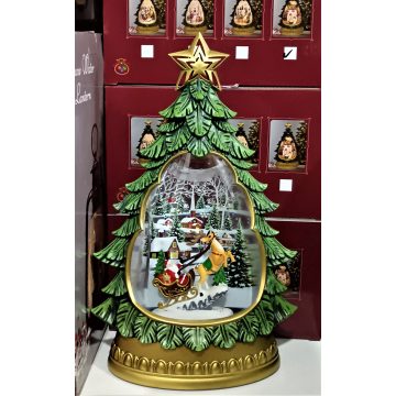   Gyönyörű Szép Nagy Karácsonyfát Mintázó Hógömb Rénszarvas Szán Mikulással Elemes Zenél