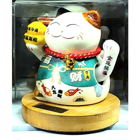 Maneki Neko Szerencsehozó  Porcelán Napelemes Integető Macska Cica 12 Cm Jó Ajándék