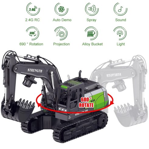 Távirányítós Kotrógép Játék, 1:20 méretarányú RC építőipari jármű Homokásó Markoló Projektorral és Lámpával, RC autó 6 év feletti gyerekeknek