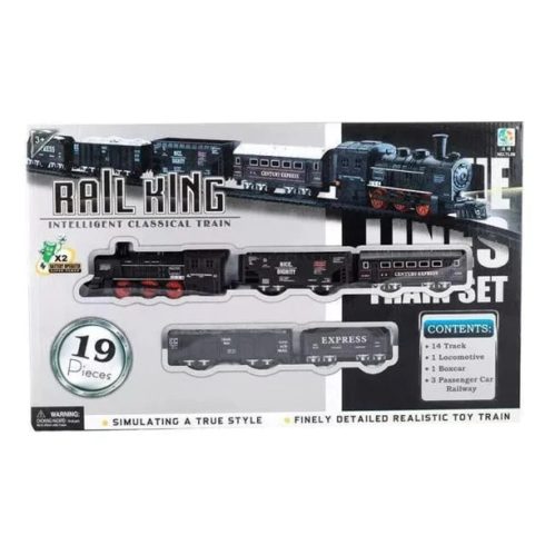 Rail King 19 Darabos Vasút Szett / Mozdony + 4 kocsi  14 sínnel, világítással