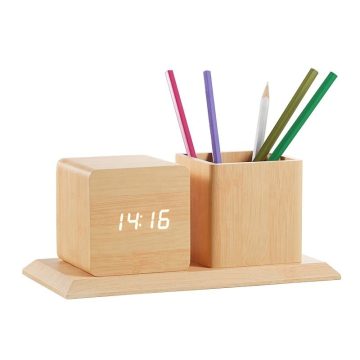   Woodstar Fa Hatású Asztali Digitális Óra És Tolltartó - Hangvezérléssel Faóra